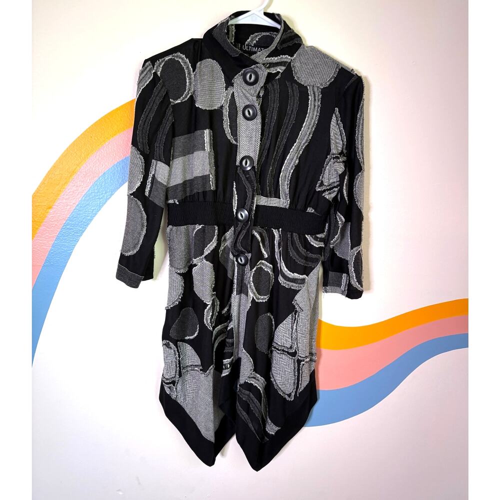 Ultimate Cardigan Sweater Womens Small‎ Black Abstract Patchwork Lagenlook Artsy
